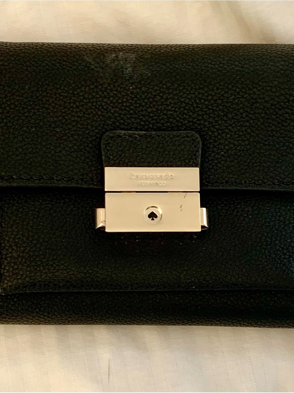 kate spade Black Pebbled Leather Wallet with Gold Push-Lock